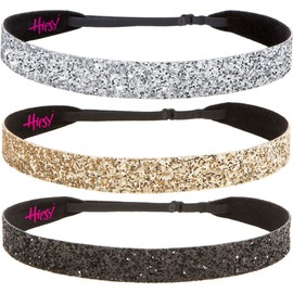 Hipsy Women's Adjustable NO SLIP Wide Bling Glitter Headband (3pk Wide Black/Gold/Silver Bling Glitter)