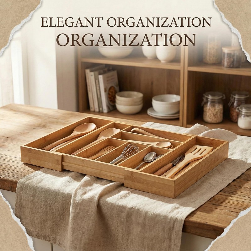 Klabelle Bamboo Drawer Organizer - Expandable Kitchen Utensil Holder, Adjustable
