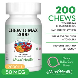 Maxi Health Maxi Health Chewable Vitamin D3 2000 IU Supplement - Delicious Natural Bubble Gum Flavor - Supports Calcium Absorption, Immune and Bone Health in Adult Women, Men, Children & Toddlers - 200 Chews