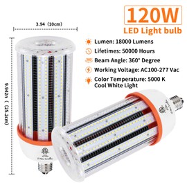 1200W Equivalent Led Corn light bulbs,18000 Lumen LED Corn Bulb 120W 5000K Daylight White Lamp,E26/E39 Medium Mogul Base,2-Pack Large Area Lights For Outdoor Indoor Warehouse Garage High Bay Lighting