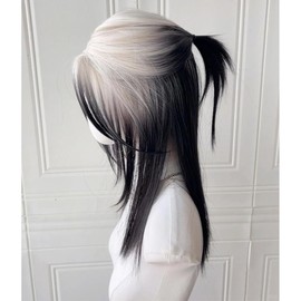 huafan luxkazya Black White Gradient Mullet Wigs for Men Women Long Layered Ombre White Black Wig Natural Looking Heat Resistant Synthetic Wig for Daily Party Use