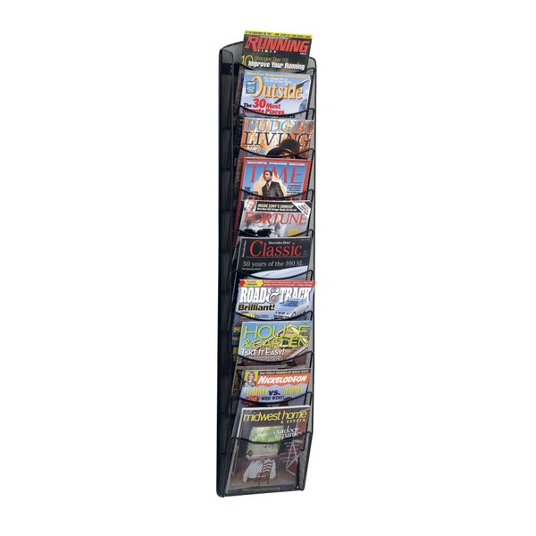 Safco Products Onyx Commercial 10 Pocket Magazine Rack 5579BL-Black-Stainless Steel- Wall Mounted-5 lbs Capacity-Organize Magazines or Journals