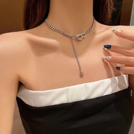 Yienate Punk Initial B Choker Necklace Vintage Silver Letter B Pendant Necklace Monogram Name Y Necklace Chunky Cuban Link Chain Choker Rock Statement B Necklace Jewelry for Women and Girls