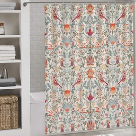 William Morris Flower Shower Curtain,Mid Century Vintage Flower Birds Elegant Animal Pattern Print Shower Curtains Sets Polyester Waterproof Fabric Decor Bathroom Curtain 66"×72" Inch With 12 Hooks