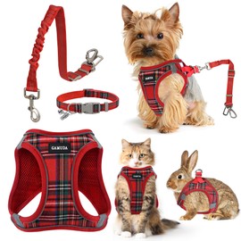 GAMUDA Dog Harness, Collar and Seat Belt Set, Vehicle Safety Harness, Retractable Adjustable Pet Seatbelts with Travel Strap and Carabiner for Most Cars (Red, L)