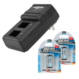 Ansmann 9V Battery Charger Powerline 2 for 1-2 NiMH / NiCd Rechargeable Batteries - 9 Volt, 2 Bay Individual Cell Recharger with 2-Pack 300mAh Batteries