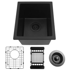 MONSINTA Black Bar Sink, 13" x 15" x 10" Undermount Kitchen Sink, 13 Inch Small and Deep Single Bowl Granite Composite Kitchen Sink with Accessories, 13 x 15 Matte Black Quartz Stone Bar Sinks