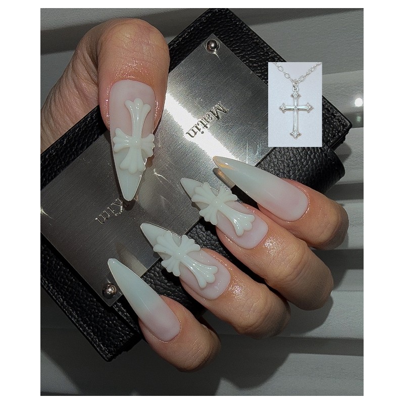 Cross Gothic Chrome Handmade Nail Tips - Ballerina / 십자가