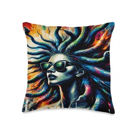 Mens Retro Medusa in Sunglasses Greek Mythology Throw Pillow