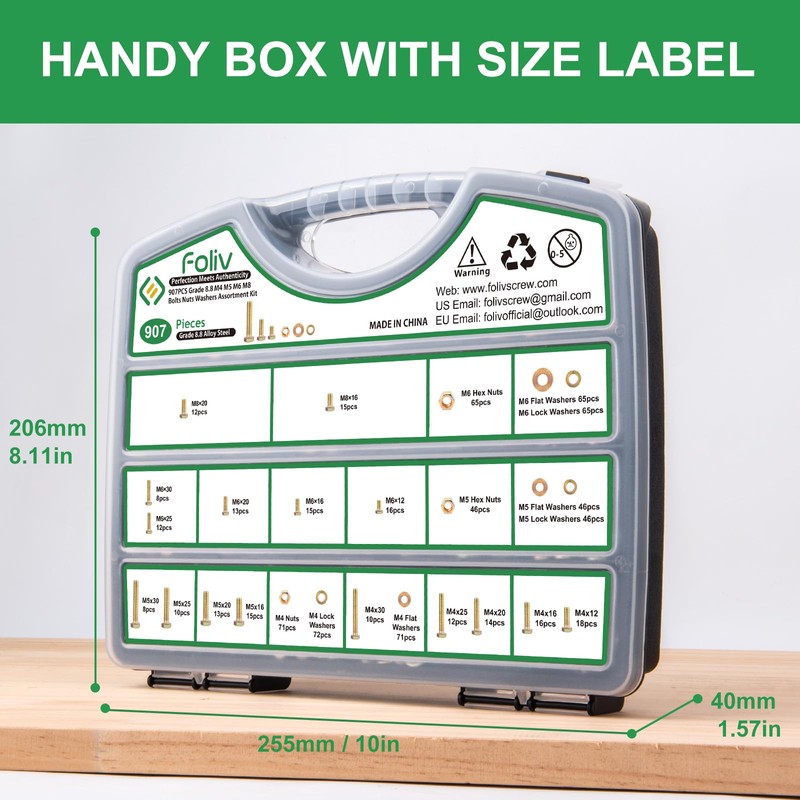 FOLIV 907pcs Grade 8.8 Metric Bolt Assortment, M4 M5 M6