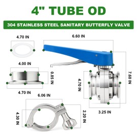 TAISHER 1PCS 304 Stainless Steel 4" Tube OD Butterfly Valve Kit 4" Tri Clamp 119MM Ferrule Flange