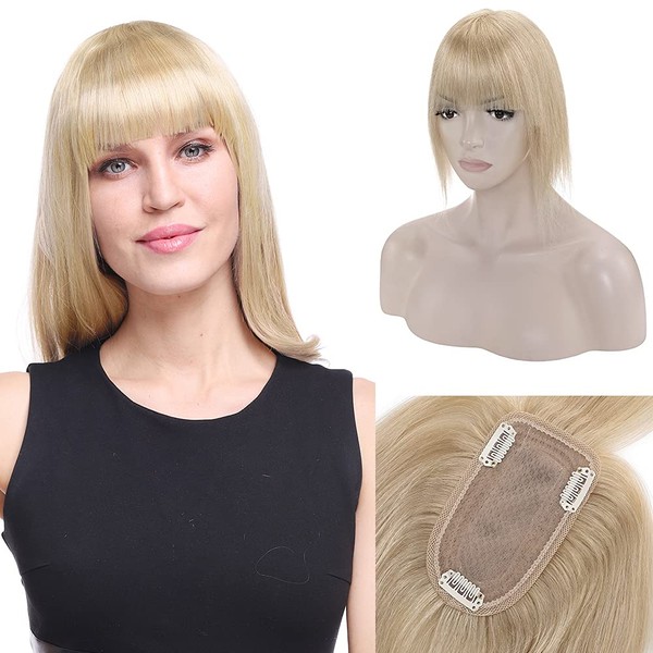 MY-LADY Hair Toppers with Bangs Silk Base Clip in Topper Hairpieces Remy Human Hair Crown Toppers Hair Piece For Women Hair Loss Thinning Hair Cover Gray Hair 16 Inch #24 Natural Blonde