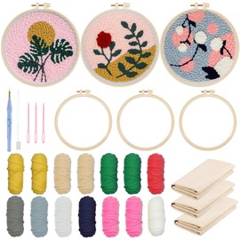 Allazone 3 Set Punch Needle Embroidery Starter Kits, DIY Craft Punch Needle Kits with Flower and Plants Pattern, Instruction, Plastic Hoop, Yarn and Embroidery Handle Needle Pen