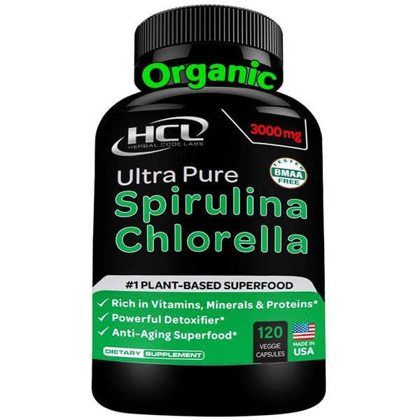 HCL HERBAL CODE LABS Chlorella Spirulina Powder Capsules Organic - 3000 mg of BMAA Free Purest Blue Green Algae - Best Raw Vegan Protein Green Superfood Broken Cell Wall – Made in USA