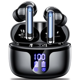 Wireless Earbuds Bluetooth 5.3 Headphones in Ear with 4 ENC Noise Cancelling Mic 2025 New Ear buds 42h Playtime HiFi Stereo Deep Bass Earphones IP6 Waterproof LED Display Bluetooth Earbuds USB-C Black