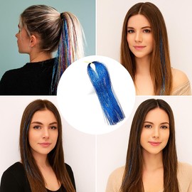 Hair Tinsel Glitter Hair Extensions Fairy Hair Kids Girls Salon Strands Sparkly Heat Resistant Extensions All Hairs Types Parties Festivals Everyday Glam Long Lasting Shine Accessories Blue(1 Count)