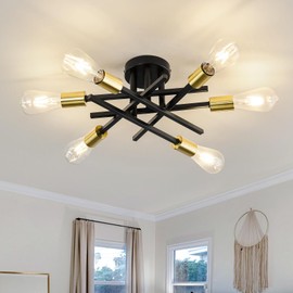 6-Lights Sputnik Semi Flush Mount Ceiling Light Fixture Modern Metal Black and Gold Chandeliers with E26 Bulb Base Close to Ceiling Light for Kitchen Dining Room Living Room Hallway Bedroom
