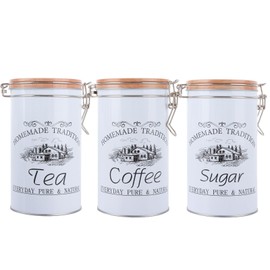 MEIDIV Tea Coffee Sugar Canisters Set of 3, Vintage Tea Coffee Sugar Canisters, Air Tight Tea Coffee Sugar Jars, White Tea Coffee Sugar Canisters, kitchen Canisters for Tea Coffee Sugar