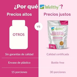 Wellthy Colágeno Hidrolizado, Vitamina C y Magnesio Marino 330g. con Magnesio Marino Fránces, Sin Sabor, Sugar Free, Gluten Free, 30 porciones por env