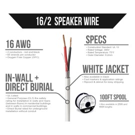 Voltive 16/2 Speaker Wire - 16 AWG/Gauge 2 Conductor - UL Listed in Wall (CL2/CL3) and Outdoor/In Ground (Direct Burial) Rated - Oxygen-Free Copper (OFC) - 100 Foot Spool - White