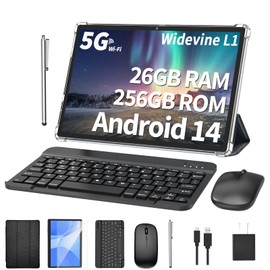 Android Tablet with Keyboard, 26GB RAM, 256GB ROM(1TB Expand), 10.1 inch Android 14 Tablet, 8000mAh Battery, BT 5.0, GMS Certified, 2.4G&5G WiFi, 2 in 1 Tablets with Mouse, Case, Stylus(Black)