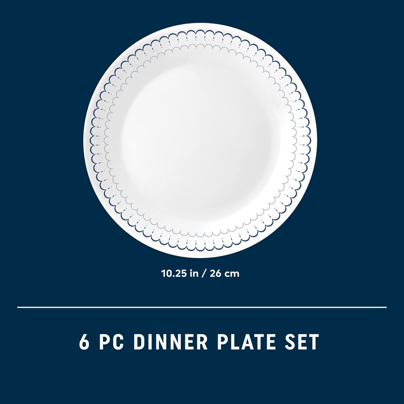 Corelle 6-Piece 10.25" Dinner Round Plates, Vitrelle Triple Layer Glass,