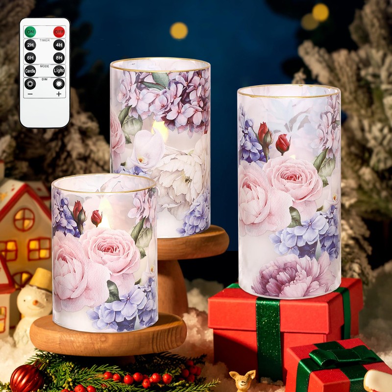 Silverstro Hydrangea Rose Flameless Candles with Remote Control & Timer