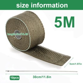 Jortmrd 5M Heat Protection Tape Exhaust Sealing Tape Manifold Heat Protection Tape Exhaust Bandage with 10 Pieces Stainless Steel Cable Ties Exhaust Tape Insulated Thermal Insulation Tape for Car