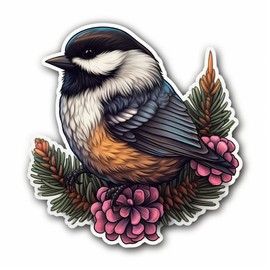 Yoonek Graphics Maine Black-Capped Chickadee Bird White Pine Cone and Tassel Flower Vinyl Decal Sticker for Car, Laptop, Tumbler, More. #008677-4"