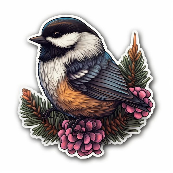 Yoonek Graphics Maine Black-Capped Chickadee Bird White Pine Cone and