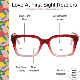 OPTIMUM OPTICAL Blue Light Filtering Scratch-Resistant Lens Rectangular Frame Magnifying Reading Glasses - Love at First Sight, +1.50
