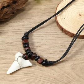 COLORFUL BLING Shark Tooth Pendant Necklaces Shark Teeth Wax Rope Necklace Summer Beach Resin Tooth Shaped Pendant Surfer Leather Necklaces for Women Men-C Brown