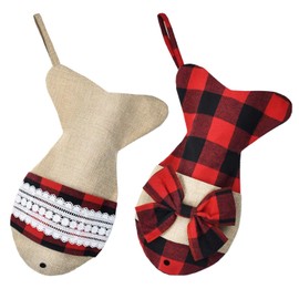 Senneny 2 Pack Pet Dog Cat Christmas Stockings Buffalo Red Black Plaid Burlap Large Fish Shape Hanging Christmas Stocking for Dogs Cats Pets (Red and Black)