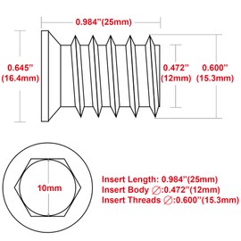 40Pcs 3/8"-16 x 25mm Threaded Inserts for Wood Furniture Screw in Nut Inserts 3/8-16 Threaded Bolt Fastener Connector Hex Socket Drive for Wood Furniture Assortment (with Hex Spanner)