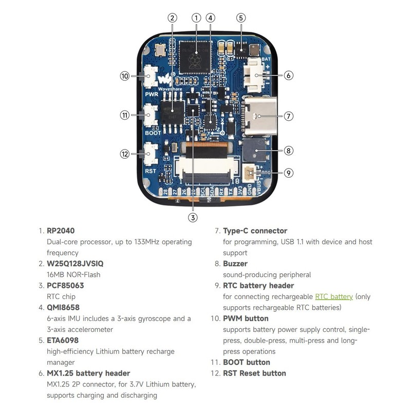 Waveshare RP2040 Microcontroller Development Board 1.69inch Touch LCD, Based on
