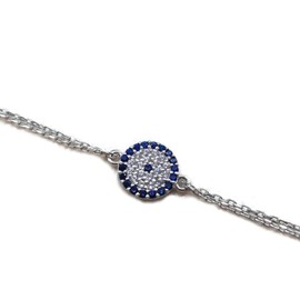 MYSTIC JEWELS by Dalia - Turkish Eye Bracelet - Cubic Zirconia - Double Chain 16-18cm Adjustable, Silver, Cubic Zirconia