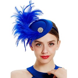 Handmade Fascinators Women Tea Party Derby Pillbox Hats Peacock Feather Clip-On Design - Royal Blue