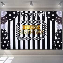 Silver Happy Birthday Backdrop Black White Birthday Party Decorations Black White Stripes Happy Birthday Banner for Women Men Birthday Photo Background