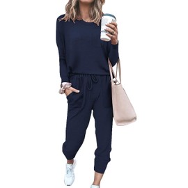 Jhsnjnr Women Two Piece Outfit Pyjamas Set Long Sleeve Tops Pj Pants Sweatsuits Tracksuits Navy Blue