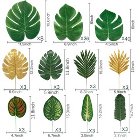 108 Pieces 11Kinds Artificial Tropical Leaf Jungle Leaves Plant Safari Leaves Decorations Fake Palm Golden Leaf with Stems for Hawaiian Luau Party Table Beach Birthday Wedding Theme Party Decorations