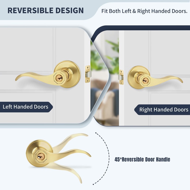 LOQRON Wave Style Gold Door Handles with Lock and Key
