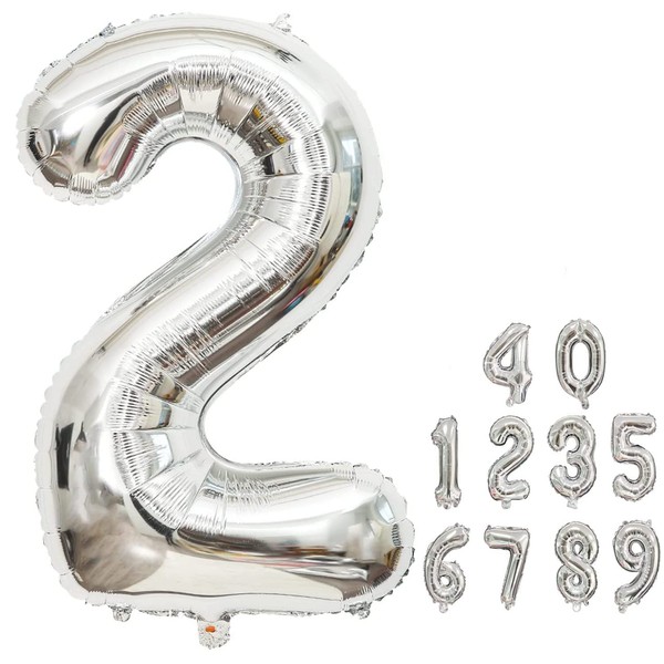 Number Balloons, 40 Inch 0-9 Number Balloons, Birthday Balloons, Numbers, Pure Color, Aluminum Balloons, Birthday Balloons, Large Decorations, Balloons, Party Supplies, Weddings, Anniversaries (Number 2, Silver)
