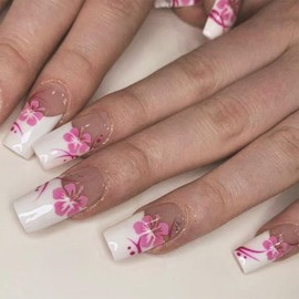 IMRAIN White French Press on Nails Long Square Fake Nails with Pink Flower Designs Glossy Acrylic Artificial Nail Supplies Full Cover Glue on Nails