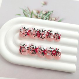 White French Tip Press on Nails Short Square Fake Nails with White Red Flowers Dot Black Leaves Designs Rhinestones Glue on Nails Pink Full Cover Fall Stick on Nails for Women 24 Pcs