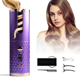 Automatic Curling Iron, Hair Curling Iron for Hair Styling, Cordless Auto Hair Curler, with 6 Temps and Timers, Auto Shut-Off, Fast Heating, Rechargeable Cordless Hair Curler 1 (Purple)