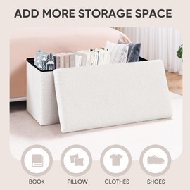 PINPLUS Folding Storage Ottoman Bench, Sherpa Ottoman with Storage, Large Long Shoes Bench Toys Chest with Lid, Footrest for Living Room, Entryway, White 30'' x 15'' x 15''