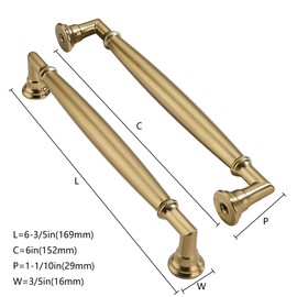ZAUYX 2 Pack 6 Inch Hole Center Brushed Brass Cabinet pulls Solid Satin Brass Heavy Duty Cabinet Pull Cabinet Handles Kitchen Cabinet Hardware Vanity Handles Bathroom Cabinet pulls