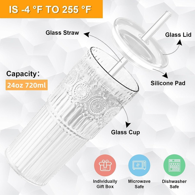 Bandesun All Glass Iced Coffee Cup With Lids and Straws，24