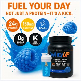 Clear Whey Isolate - 24g Protein + 150mg Caffeine - Blue Raspberry - Clear Whey Protein Powder - Sugar-Free - Keto-Friendly - Juice-Style Pre Post Workout Drink - 20 Servings