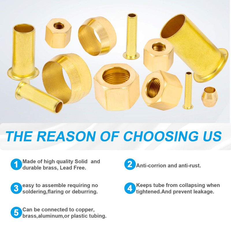 Breezliy 1/4 Inch OD Brass Compression Insert,Sleeve Ferrule,Nut 75PCS